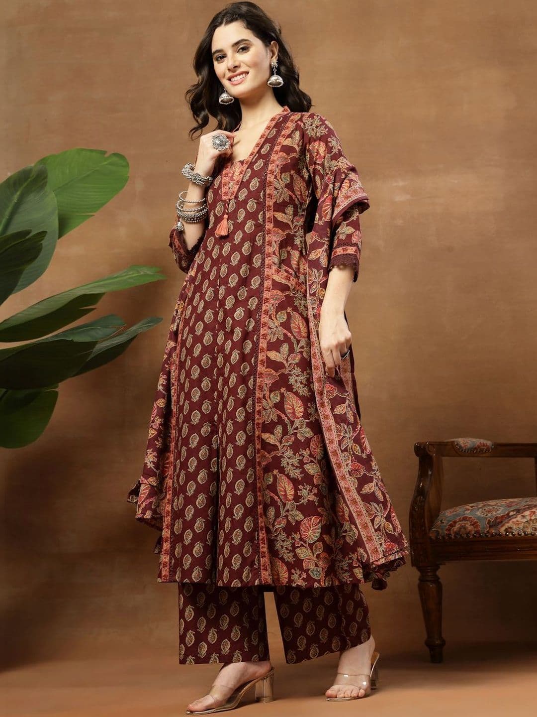 Sangria Printed Pure Cotton V-Neck Kurta & Palazzos With Dupatta - view 1