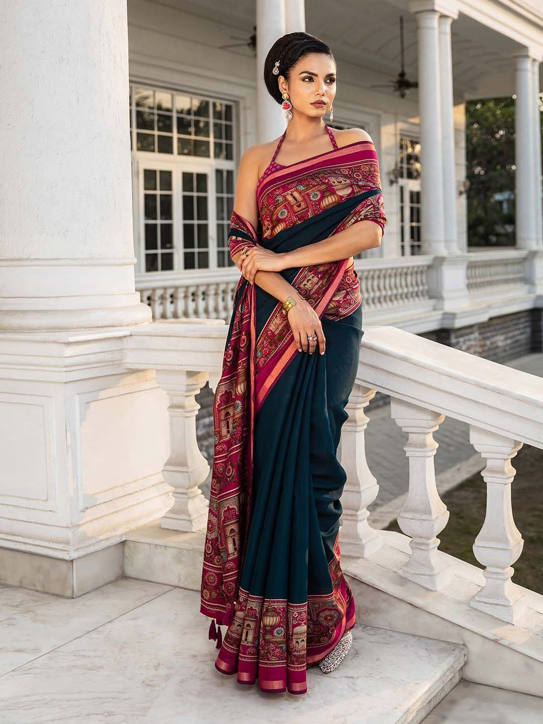 Libas Teal Solid Cotton Blend Saree With Unstitched Blouse Piece - view 1
