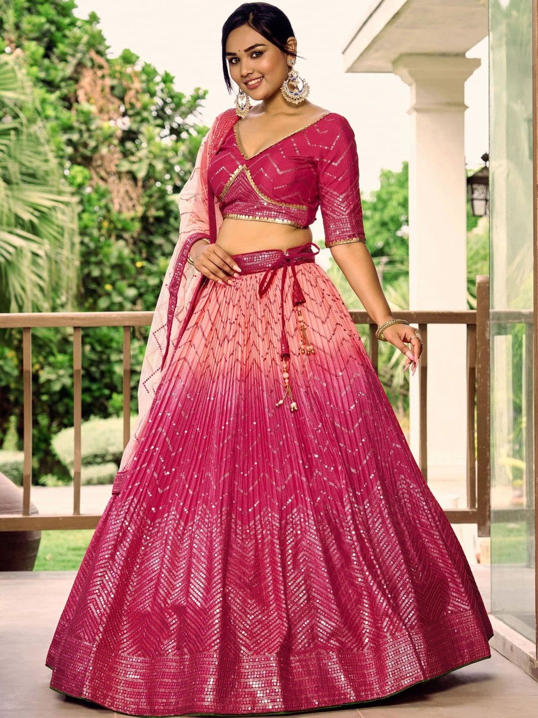 ETHNIC PLUS Pink Embroidered Sequinned Semi-Stitched Lehenga & Unstitched Blouse With Dupatta - view 1