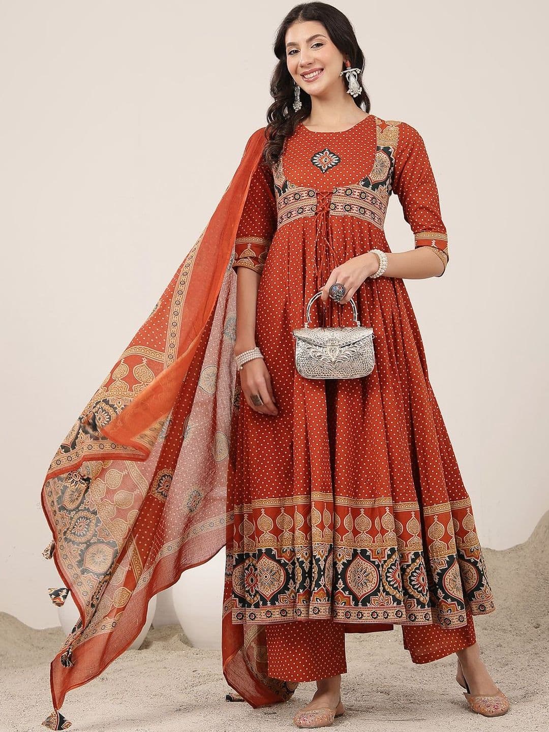 Sangria Printed Cotton Round Neck Kurta & Palazzos With Dupatta - view 1