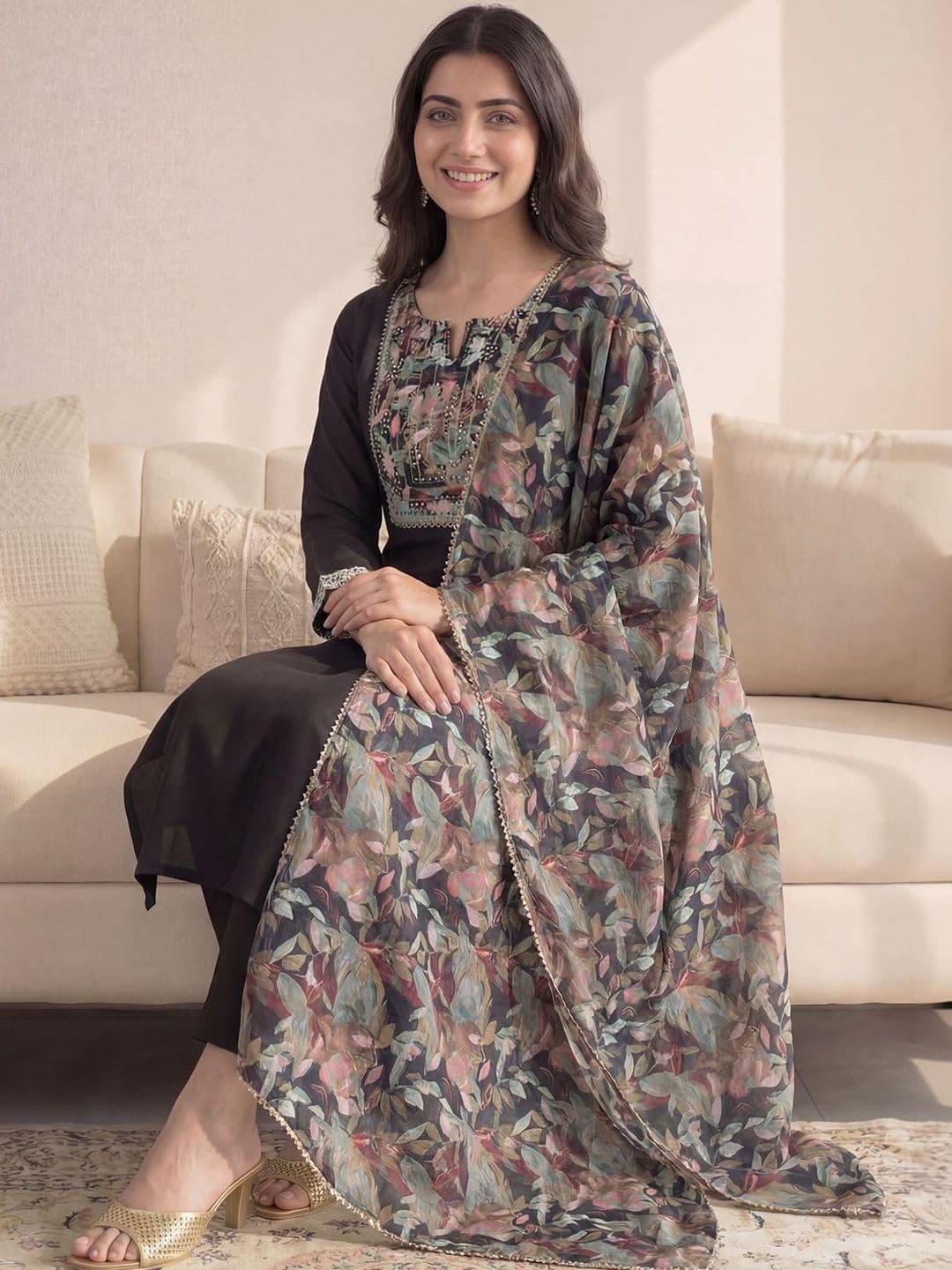 Indo Era Women Floral Printed Regular Thread Work Kurta with Trousers & With Dupatta - view 1