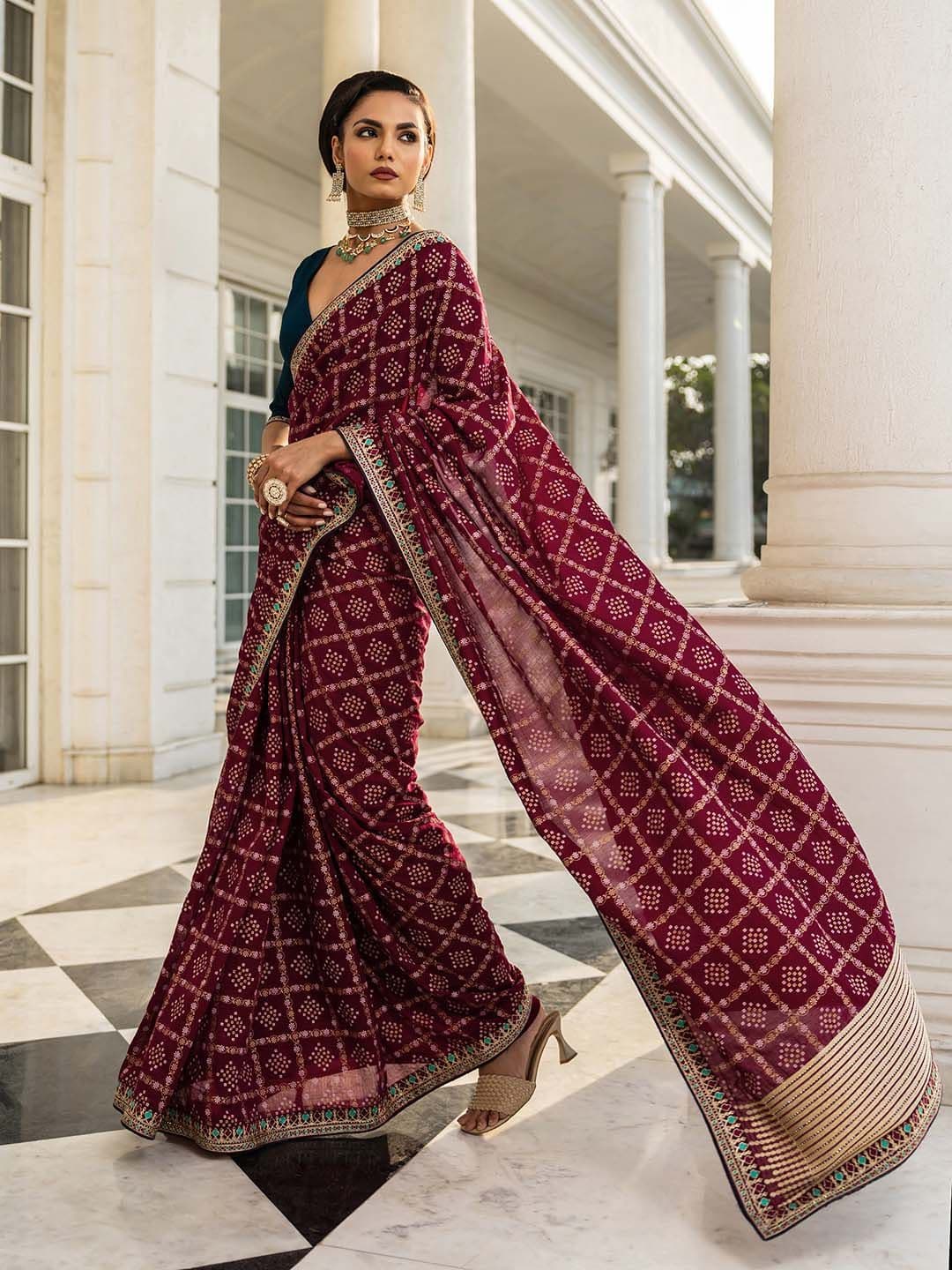 Libas Maroon Printed Saree With Unstitched Blouse Piece - view 1