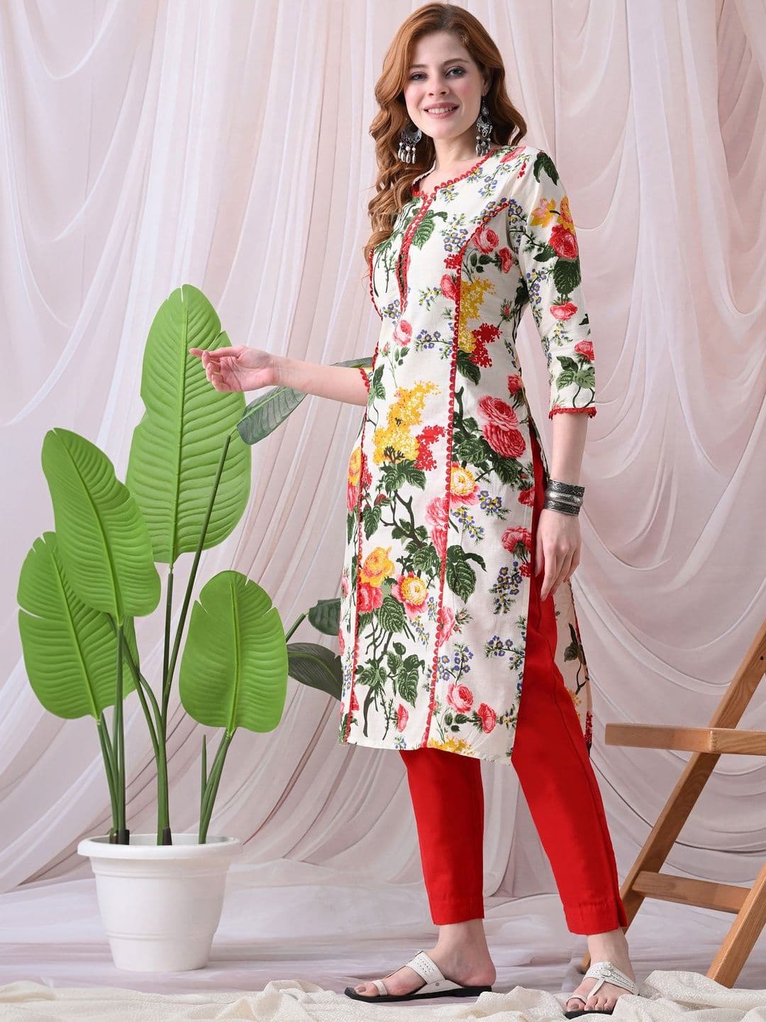 KJFAB Floral Printed Three Fourth Sleeves Cotton Kurta - view 1