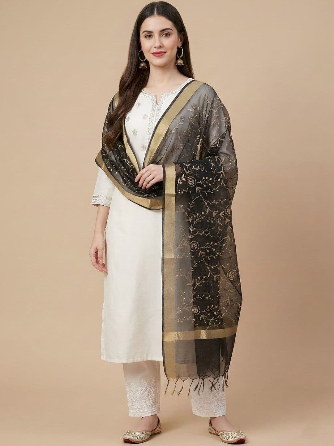 MUFFLY Woven Design Organza Dupatta with Zari - view 1