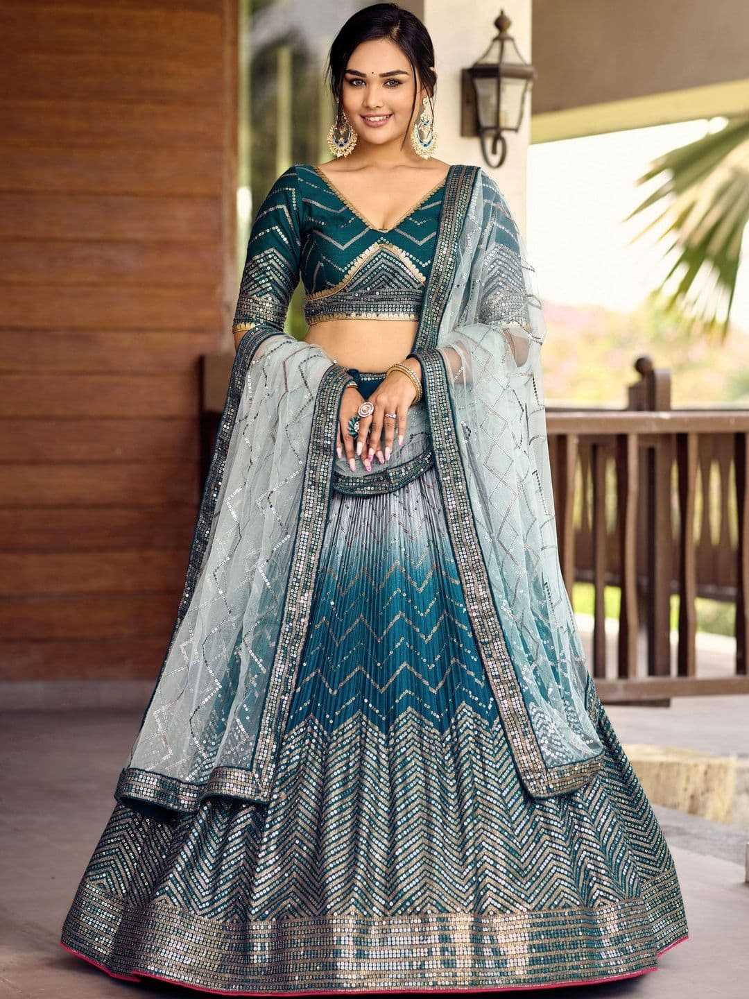 ETHNIC PLUS Blue Embroidered Sequinned Semi-Stitched Lehenga & Unstitched Blouse With Dupatta - view 1