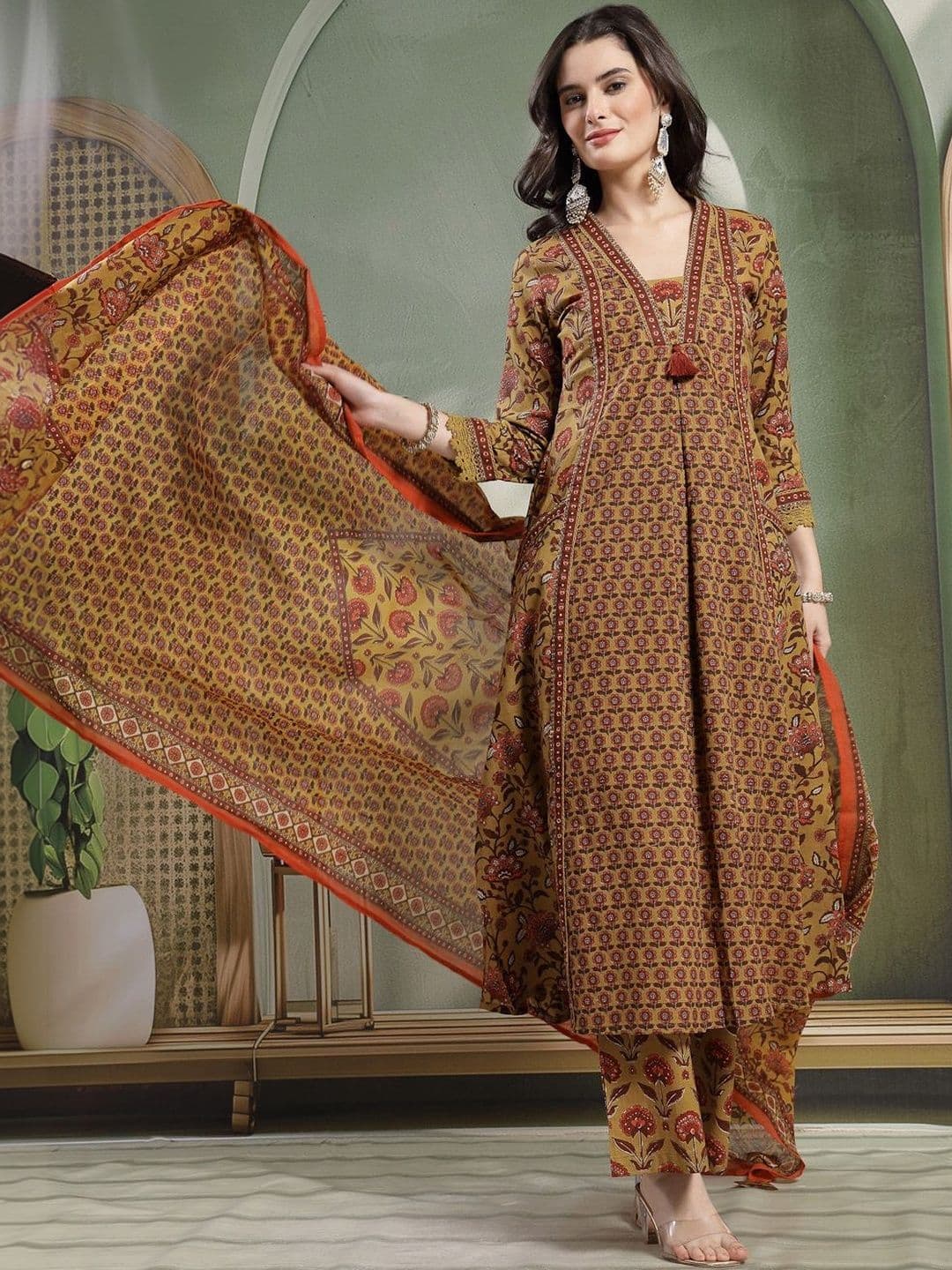Sangria Printed Pure Cotton V-Neck Kurta & Palazzos With Dupatta - view 1