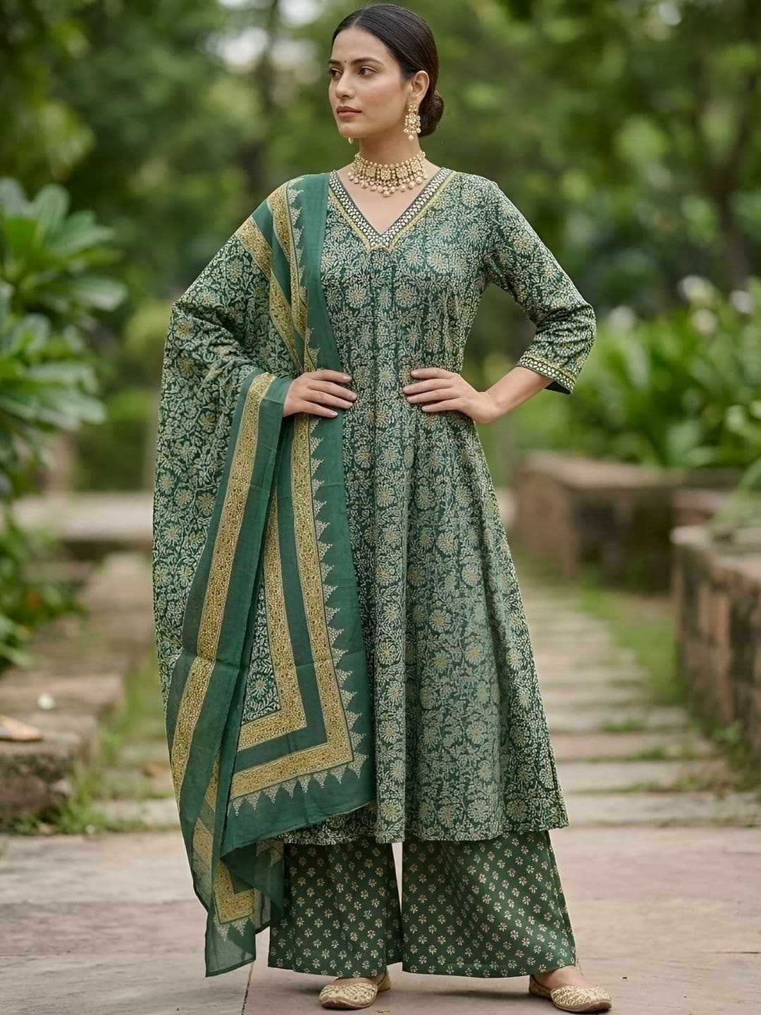Nayo Women Ethnic Motifs Printed Regular Pure Cotton Kurta with Palazzos & With Dupatta - view 1