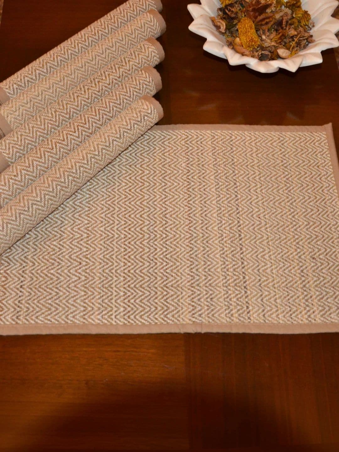 DHARINI 6 Pieces Beige Coloured Geometric Madurkathi Rectangle Table Placemats - view 1