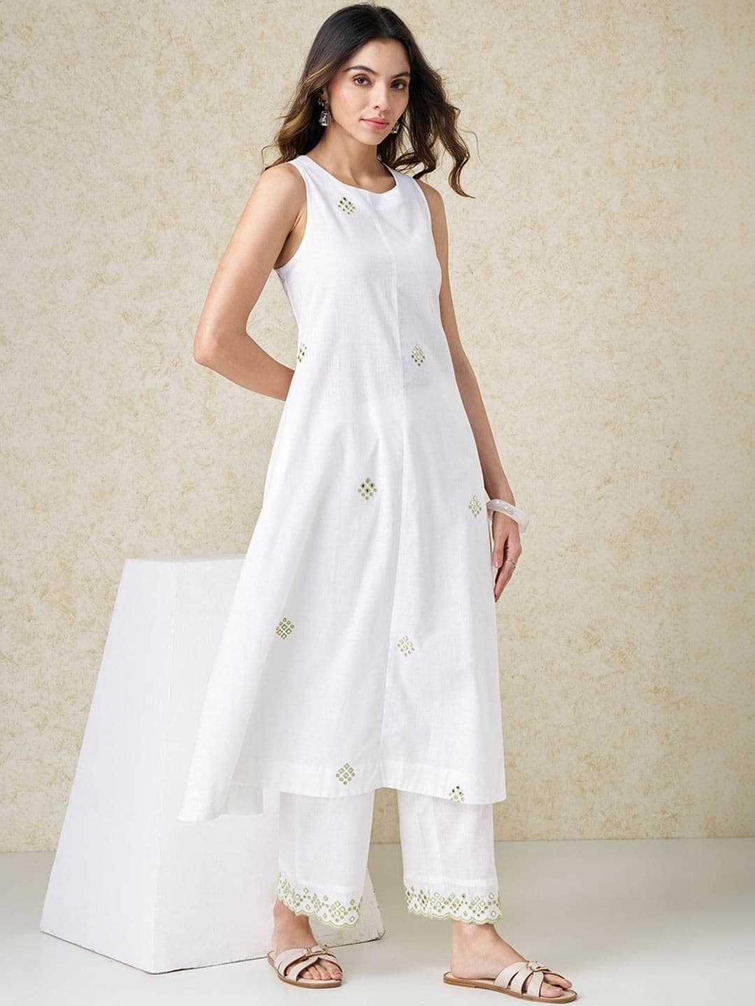 RANGMANCH BY PANTALOONS Geometric Embellished Mirror Work Pure Cotton A-Line Kurta - view 1