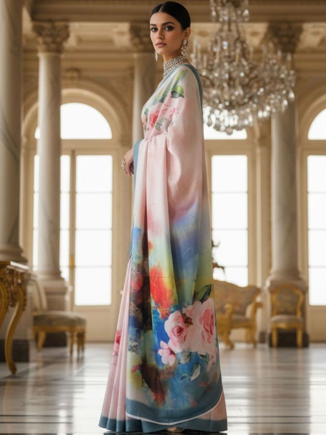 Mitera Women Satin Crepe Floral Digital Print Saree With Unstitched Blouse Piece - view 1