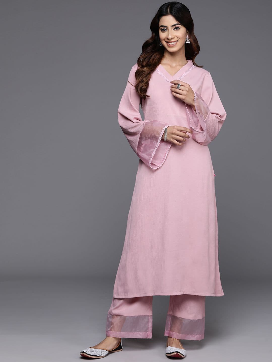Varanga Pink Flared Sleeve Organza detailed Solid Kurta & Palazzo - view 1