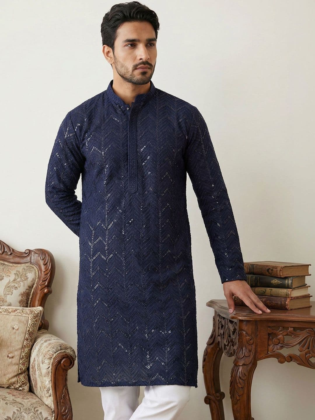 Jompers Men Geometric Embroidered Mandarin Collar Sequinned Kurta - view 1
