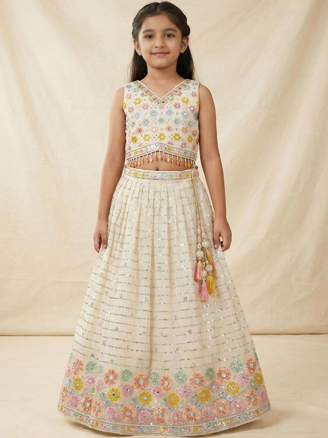 PINK LEAF Girls Embroidered Beads and Stones Ready to Wear Lehenga & Blouse With Dupatta - view 1
