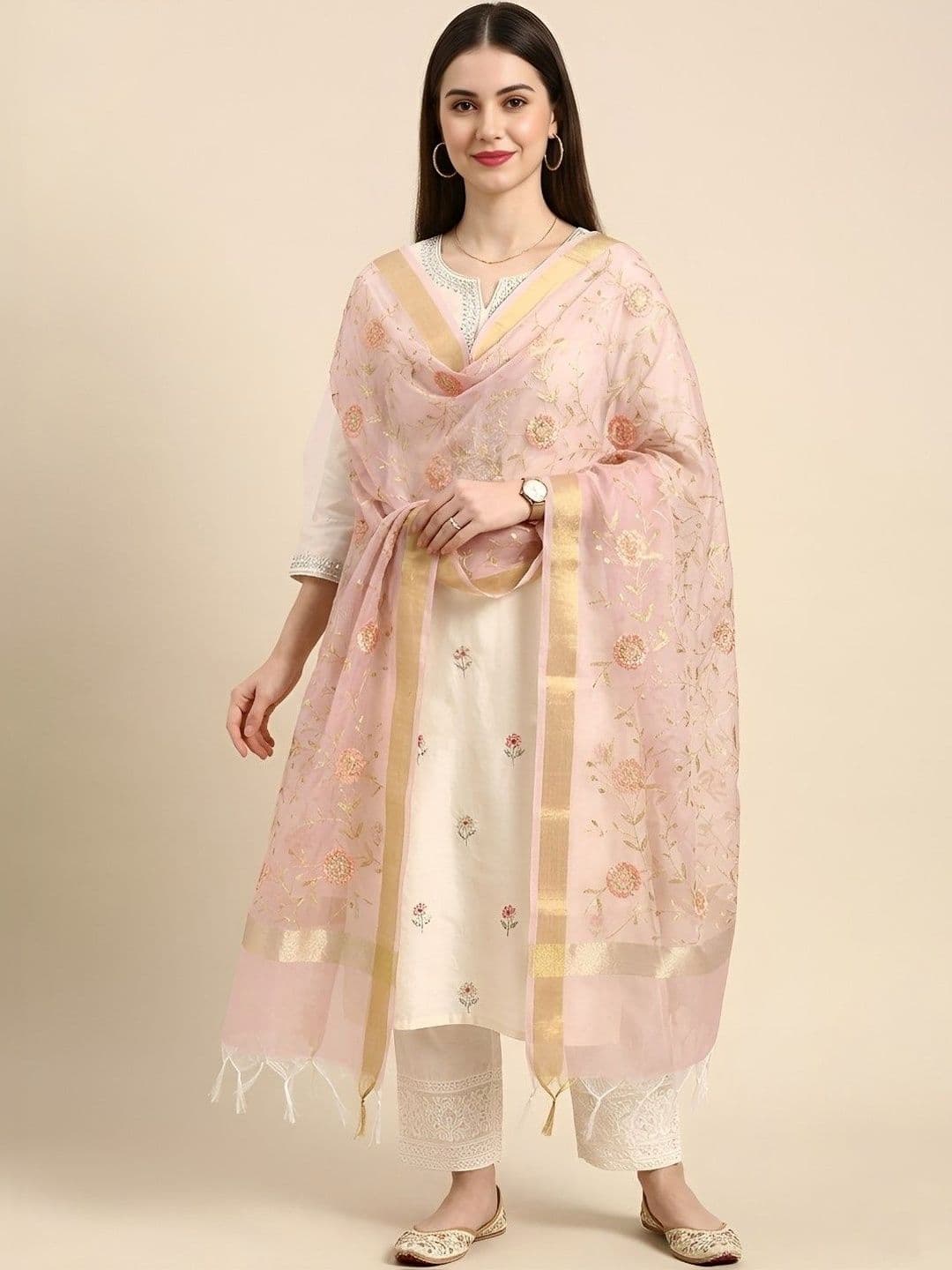 MUFFLY Woven Design Organza Dupatta with Zari - view 1