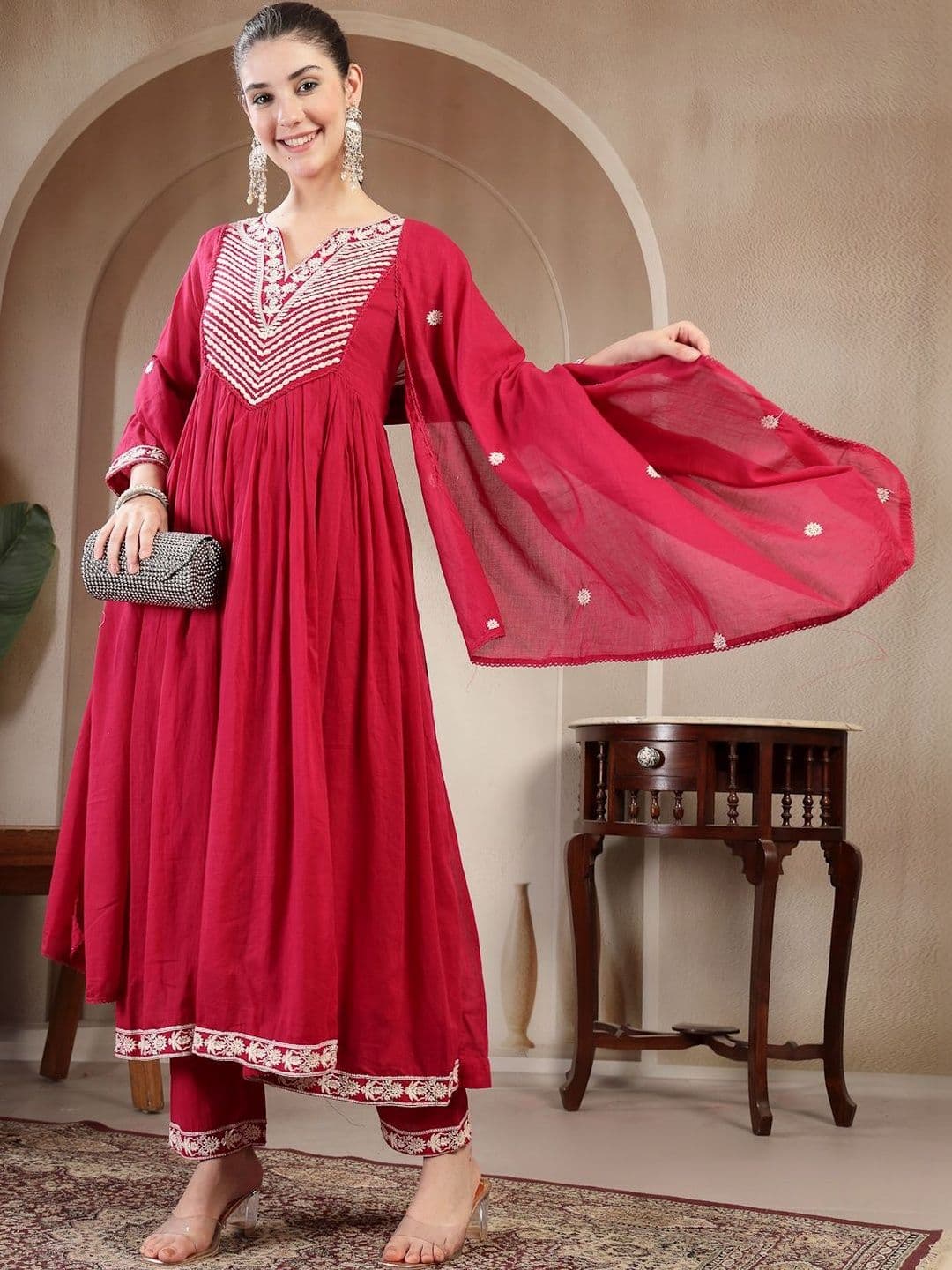 Sangria Pure Cotton Round Neck Kurta & Trousers With Dupatta - view 1