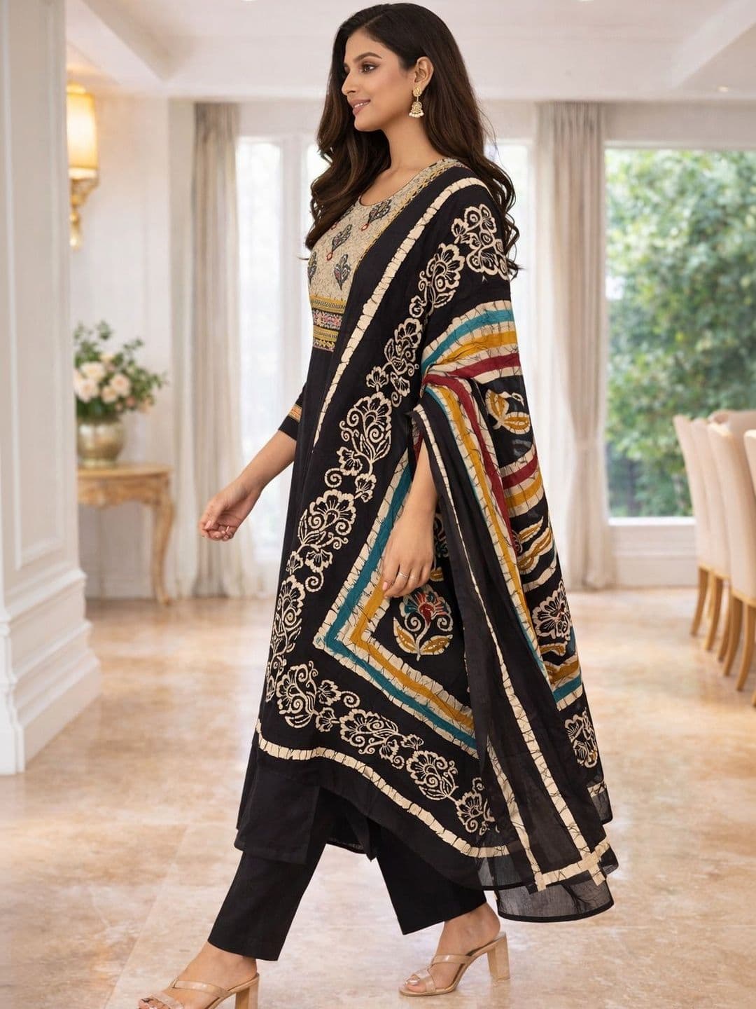 Samhitas Women Printed Regular Mirror Work Pure Cotton Kurta with Trousers & With Dupatta - view 1