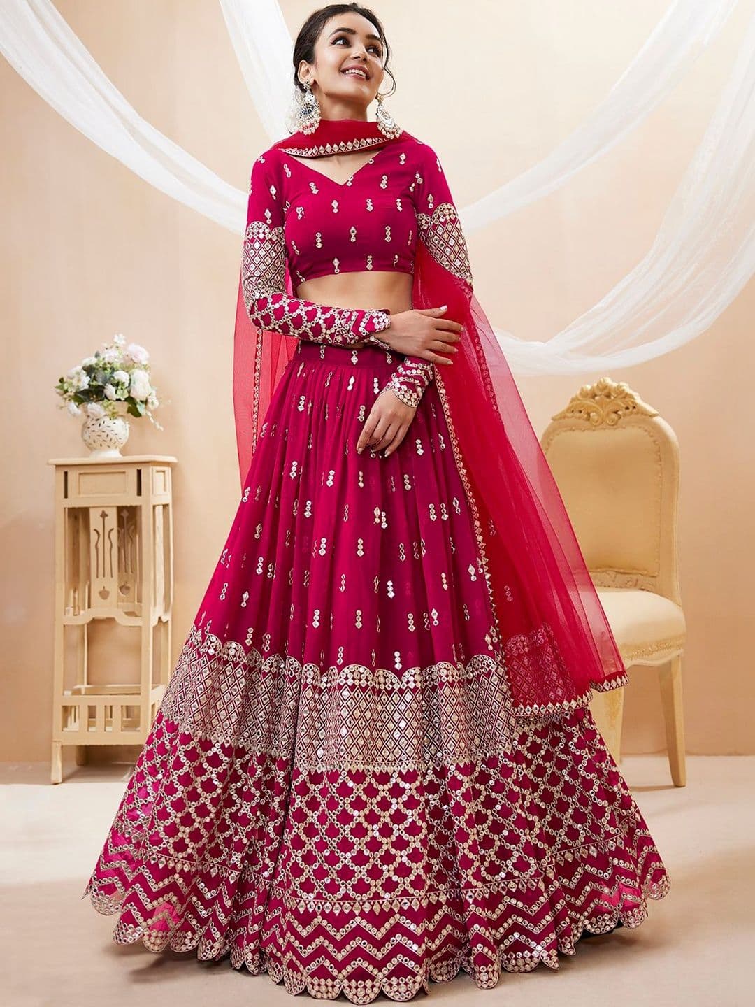 ETHNIC PLUS Embroidered Sequinned Semi-Stitched Georgette Lehenga & Unstitched Blouse With Dupatta - view 1