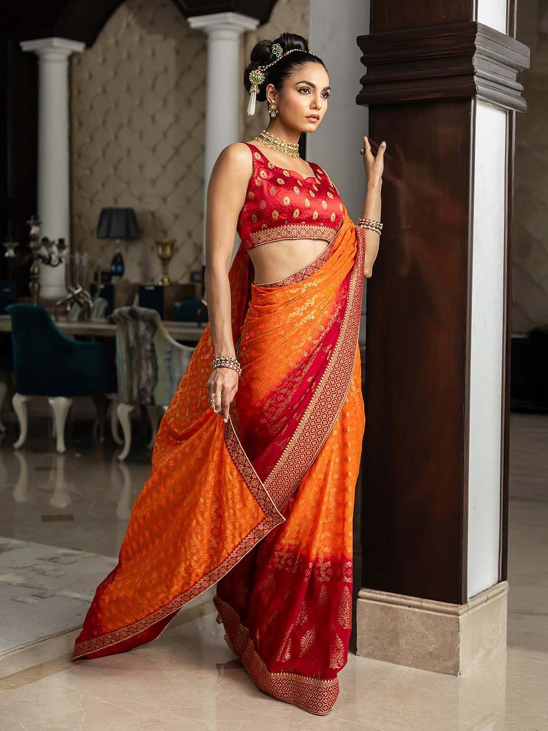 Libas Orange Bandhani Printed Georgette Saree With Unstitched Blouse Piece - view 1