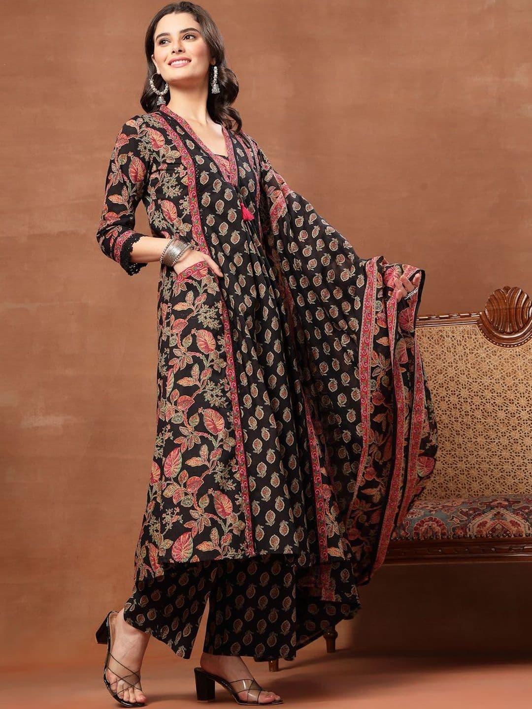 Sangria Printed Pure Cotton V-Neck Kurta & Palazzos With Dupatta - view 1