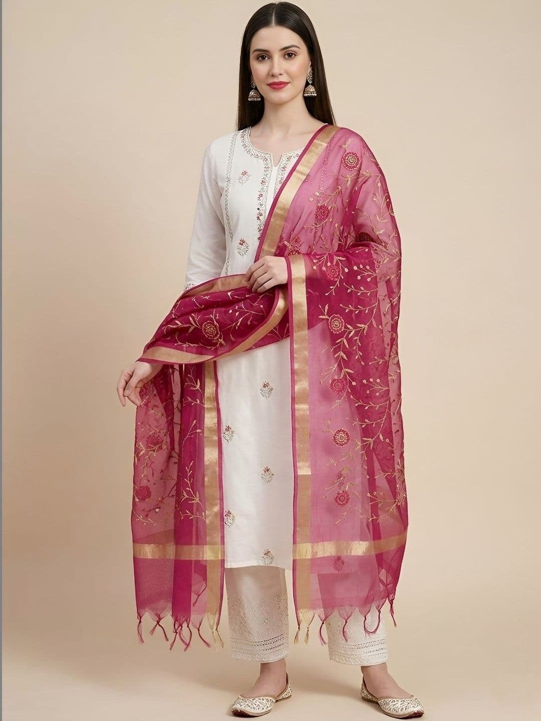 MUFFLY Woven Design Organza Dupatta with Zari - view 1
