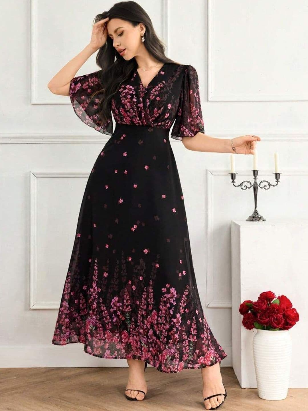 Nautiful Floral Printed V-Neck Flutter Sleeves Fit & Flare Midi Dress - view 1