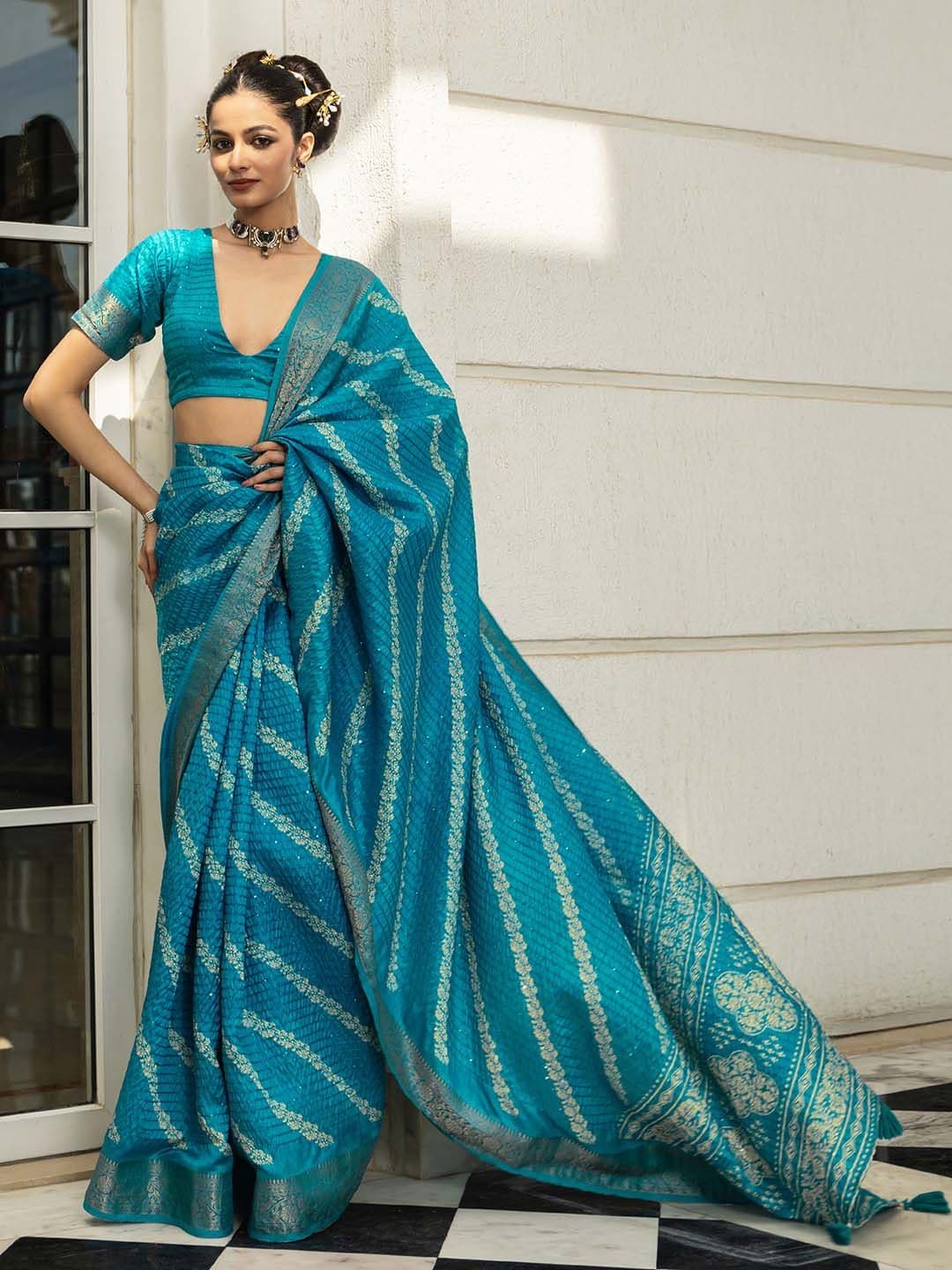 Libas Blue Printed Saree With Unstitched Blouse Piece - view 1