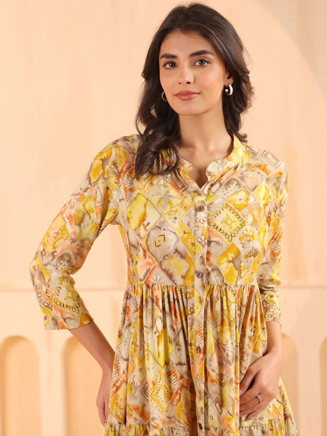 Sangria Printed Mandarin Collar Fit & Flare Midi Dresses - view 1