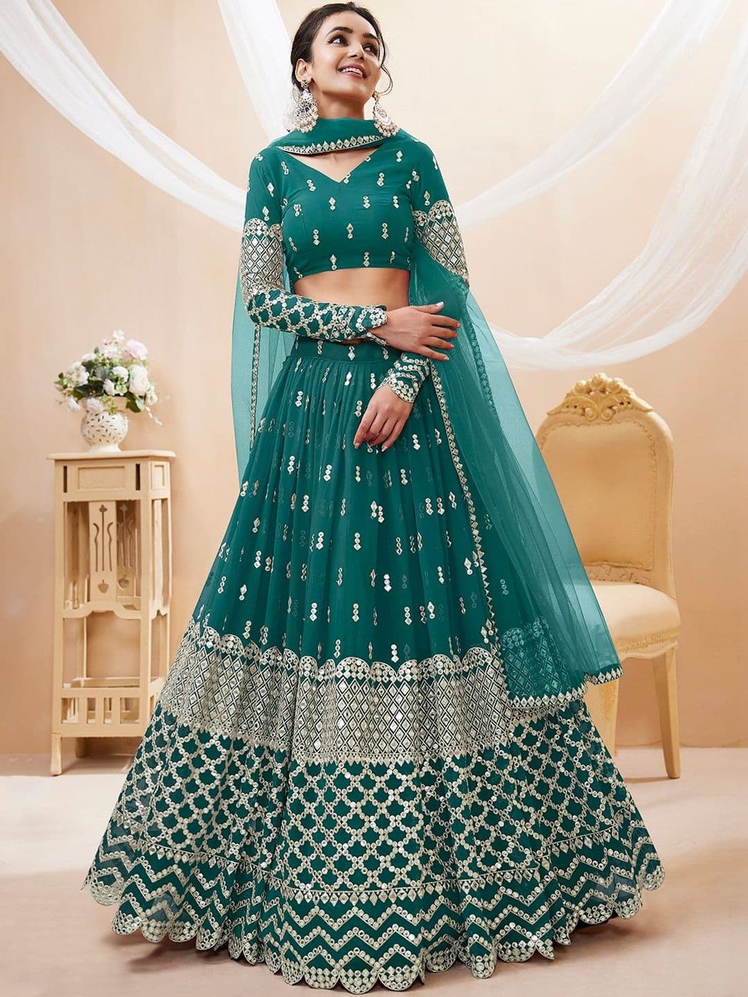 ETHNIC PLUS Blue Embroidered Sequinned Semi-Stitched Lehenga & Unstitched Blouse With Dupatta - view 1