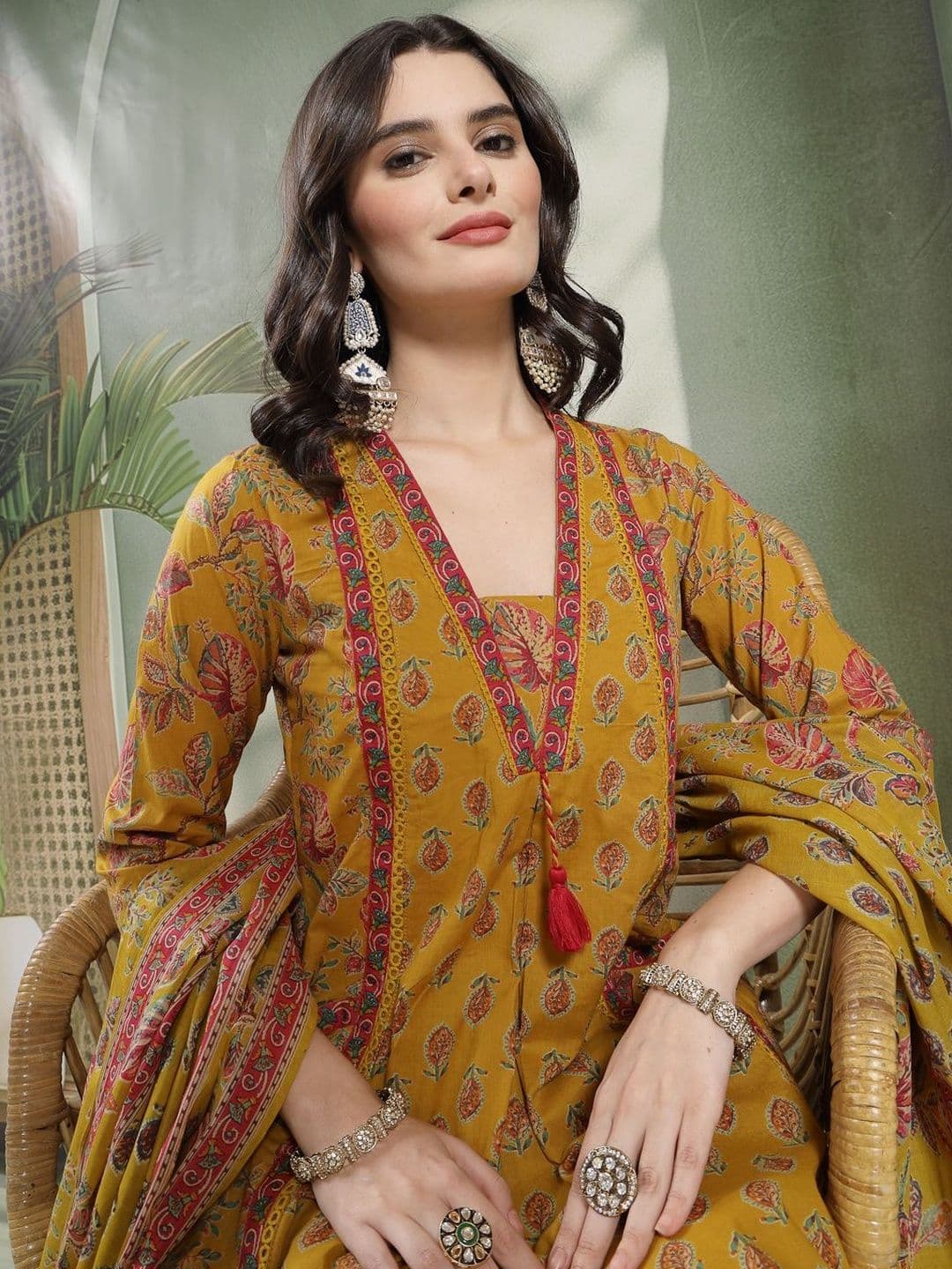 Sangria Printed Pure Cotton V-Neck Kurta & Palazzos With Dupatta - view 1