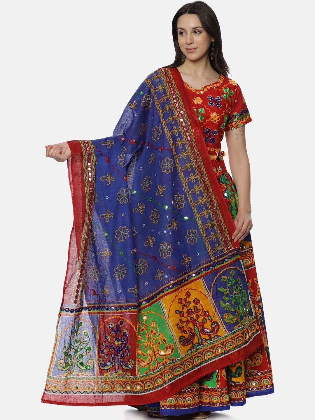 KuJee Women Red Embroidered Mirror & Kutch Work Lehenga & Blouse With Dupatta - view 1