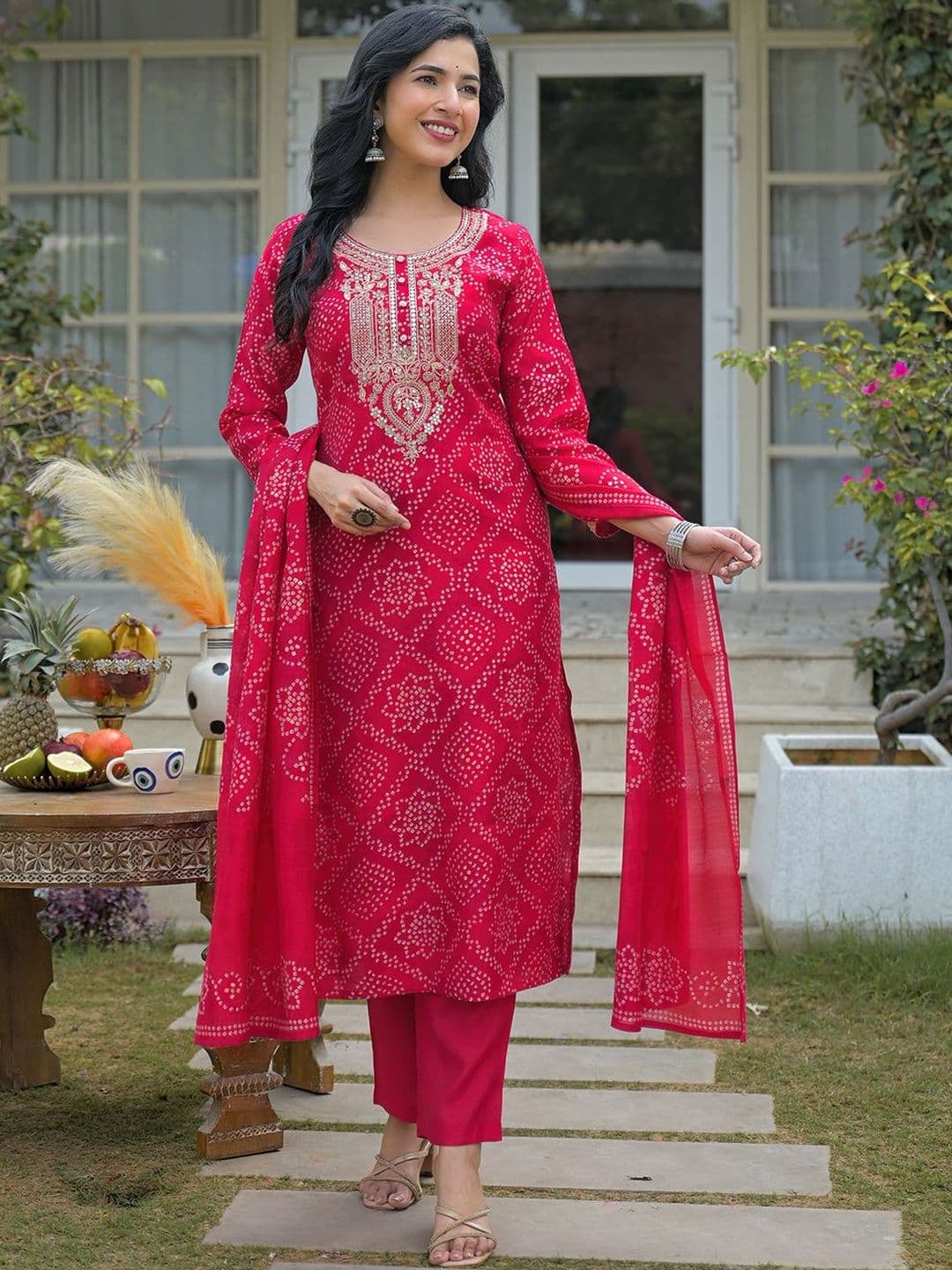 KALINI Women Bandhani Printed Regular Mirror Work Kurta with Trousers & With Dupatta - view 1