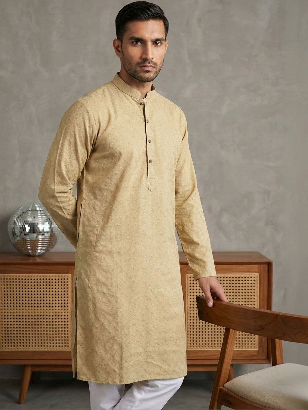House of Pataudi Woven Design Mandarin Collar Knee Length Straight Kurtas - view 1