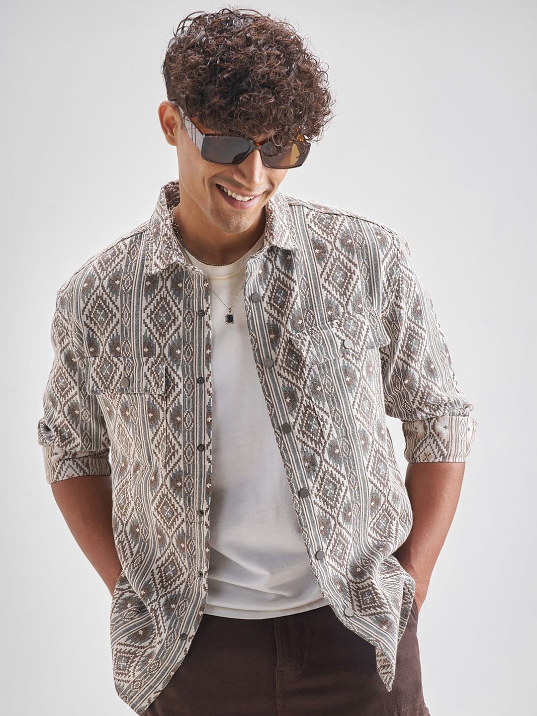 HIGHLANDER Geometric Printed Cutaway Collar Cotton Relaxed Fit Shirt - view 1