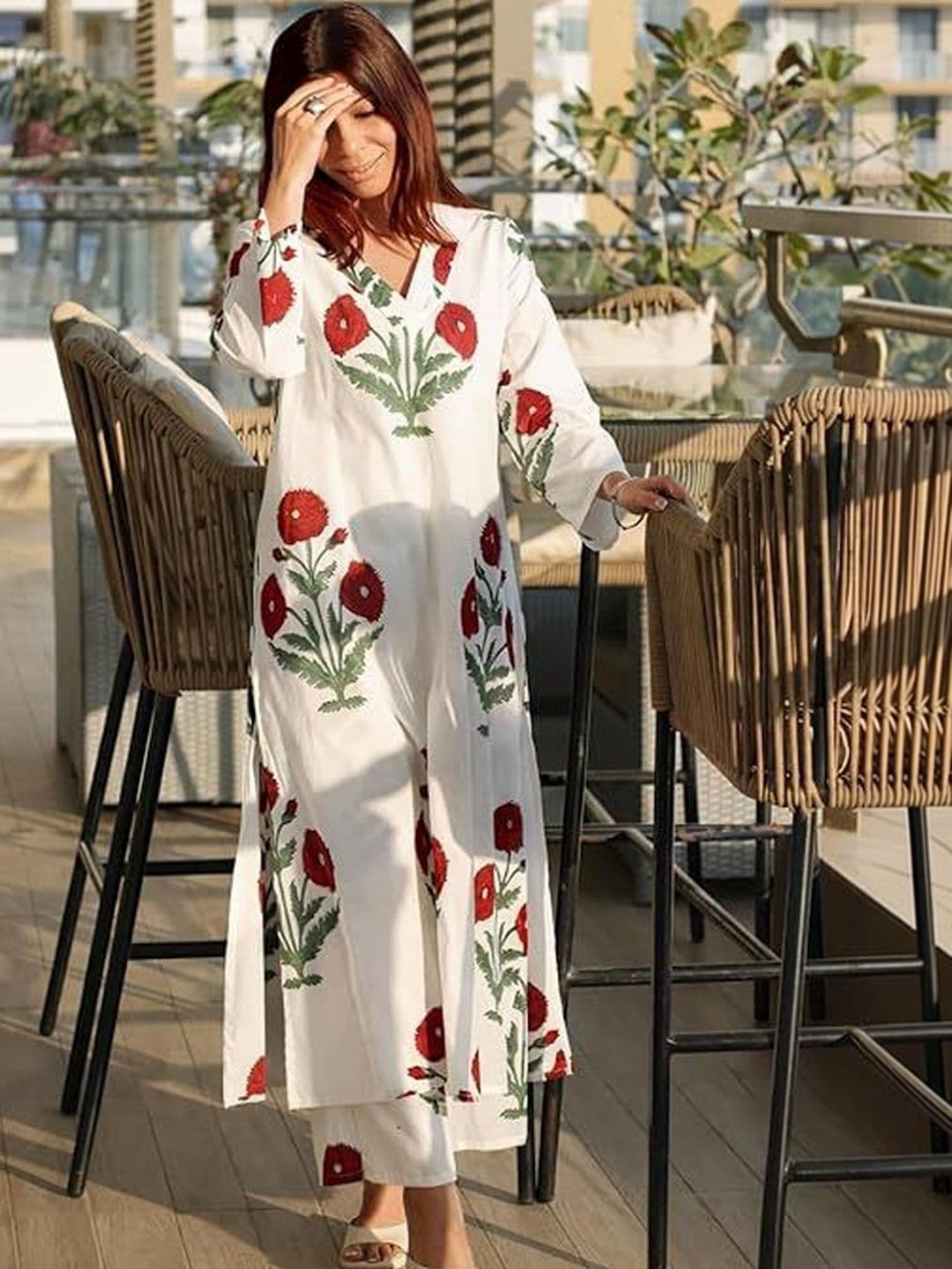 SWADESI STUFF Floral Printed V-Neck Straight Kurta With Pyjama - view 1