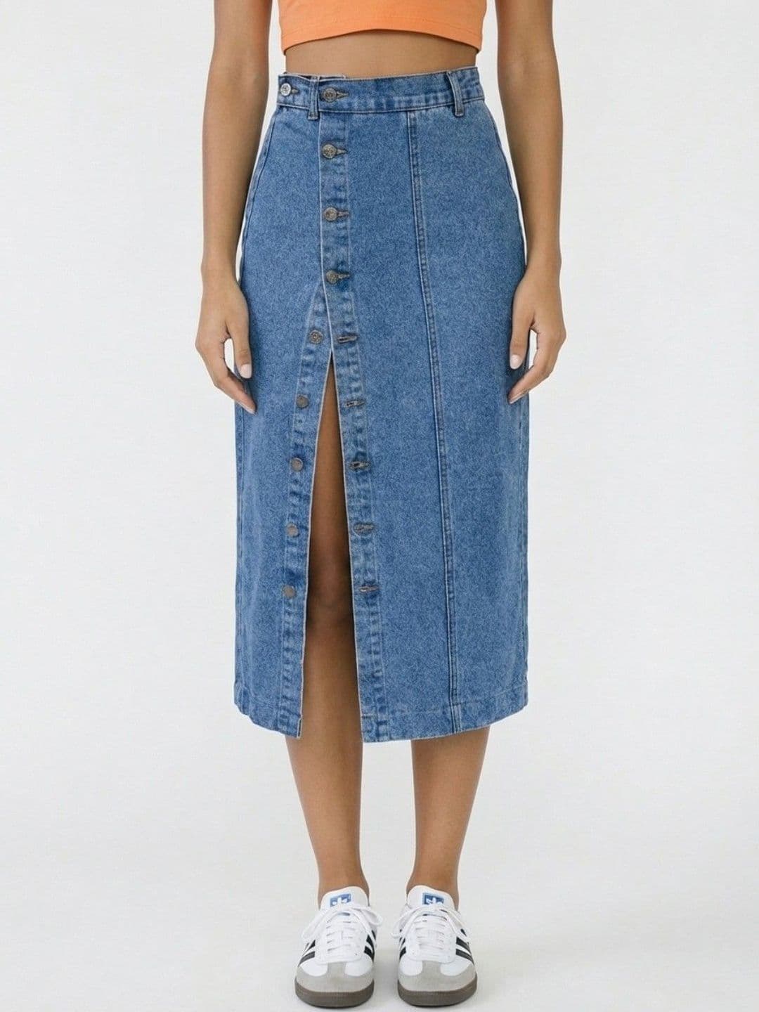glitchez Denim Side Slit Midi Straight Skirt - view 1