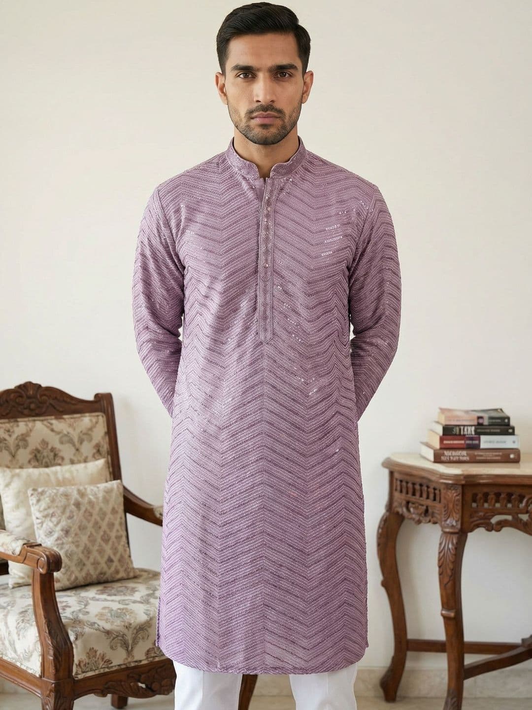 House of Pataudi Geometric Embroidered Mandarin Collar Knee Length Straight Kurta - view 1