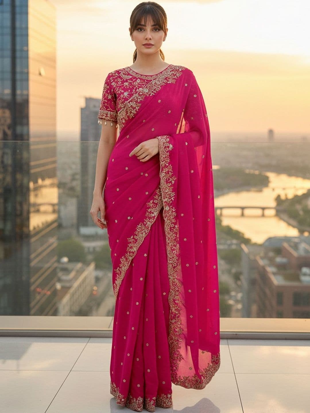FABLAND Floral Sequinned Satin Saree - view 1