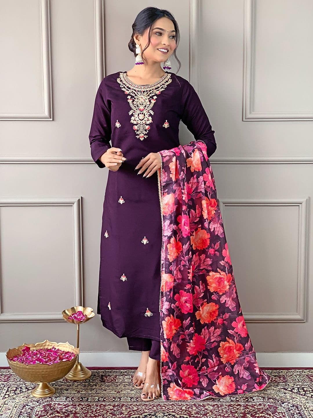 KALINI Women Embroidered Straight Kurta with Trousers & Dupatta - view 1