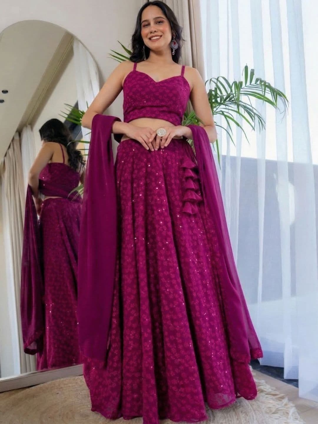 HOUSE OF JAMOTI Purple Embroidered Thread Work Ready to Wear Lehenga & Blouse With Dupatta - view 1