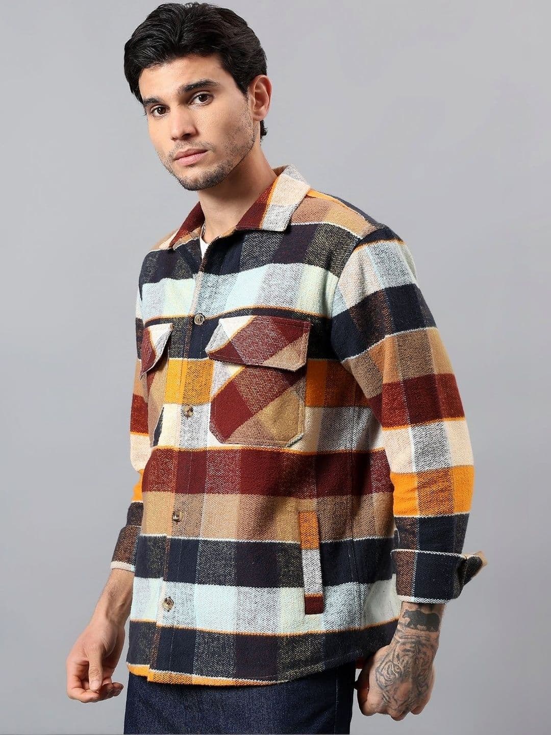 SIGMA CODE Men Checked Organic Cotton Blend Biker Jacket - view 1