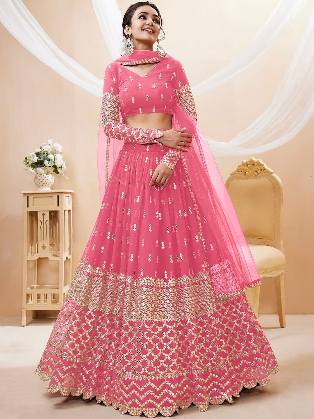 ETHNIC PLUS Pink Embroidered Sequinned Semi-Stitched Lehenga & Unstitched Blouse With Dupatta - view 1