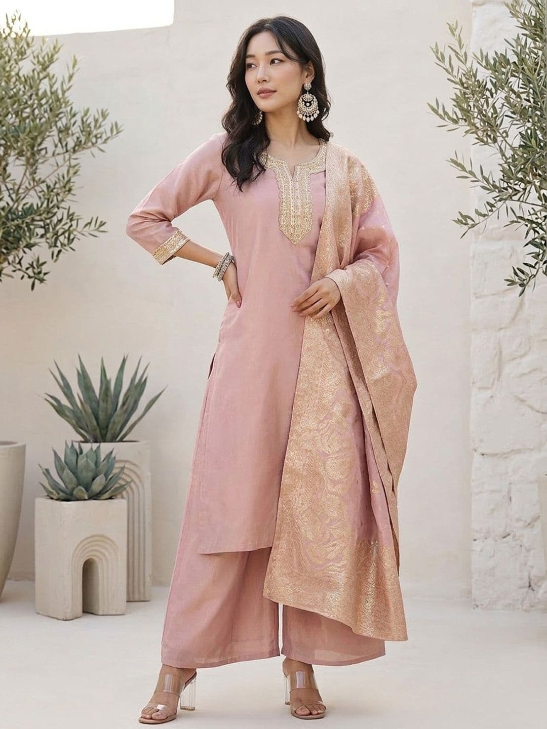 Varanga Ethnic Motifs Yoke Design Notch Neck Straight Kurta With Palazzos & Dupatta - view 1