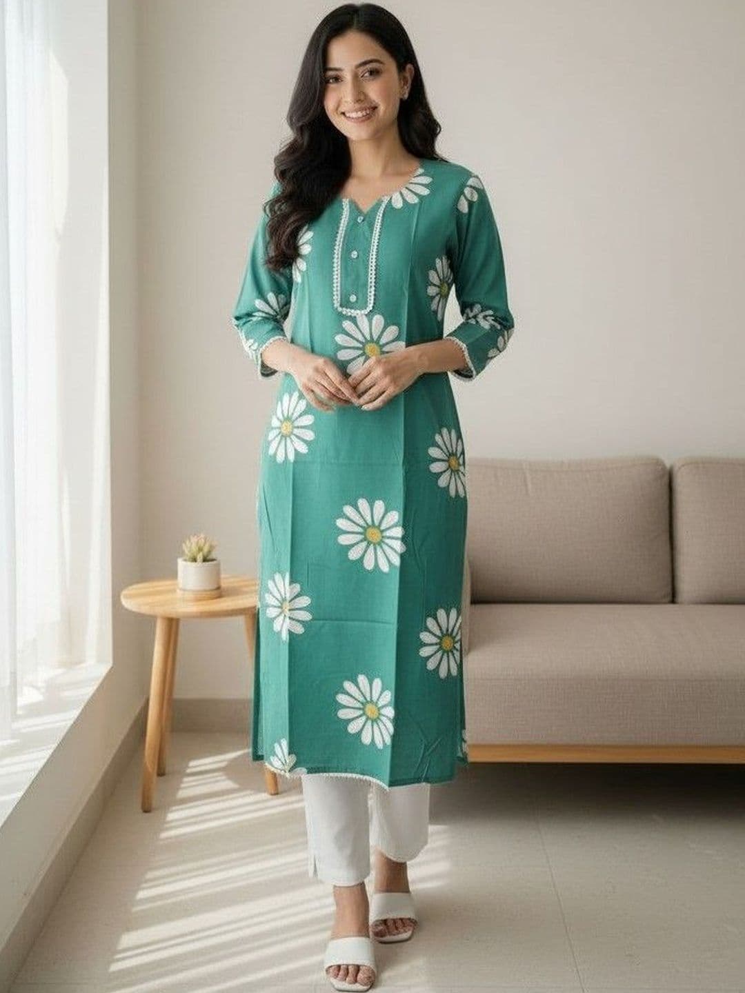 SZN Women Floral Printed V Neck A line Cotton Kurta - view 1
