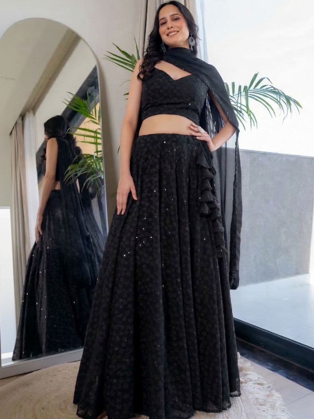 HOUSE OF JAMOTI Black Embroidered Thread Work Ready to Wear Lehenga & Blouse With Dupatta - view 1
