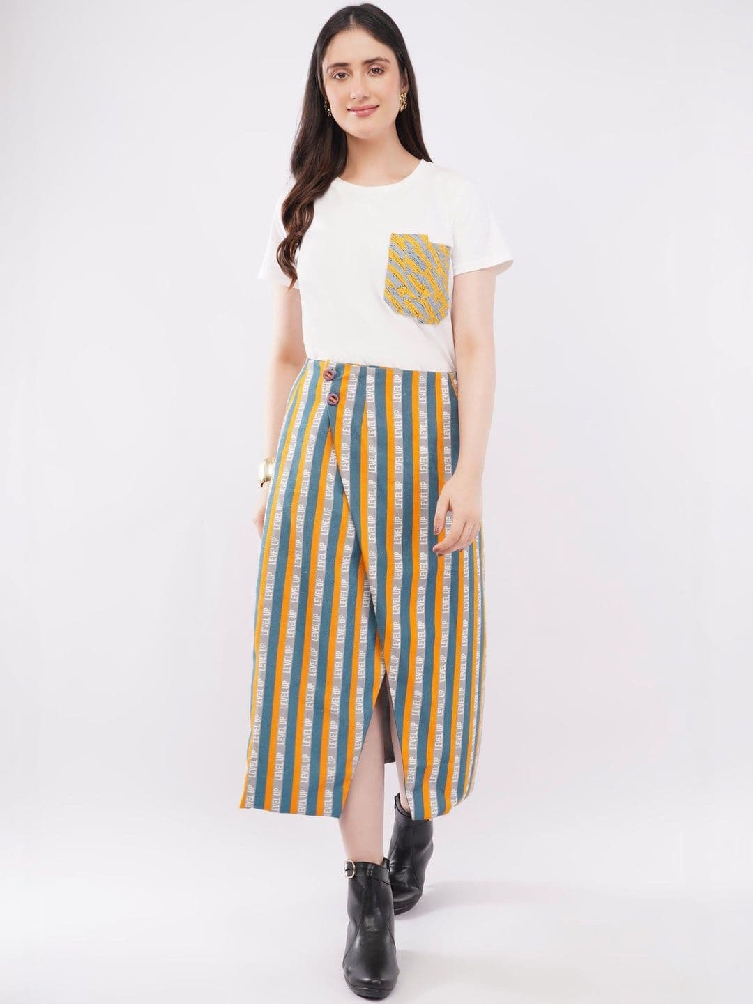 KARVIICH Women Cotton Cambric Striped Front Slit Midi Pencil Skirt - view 1