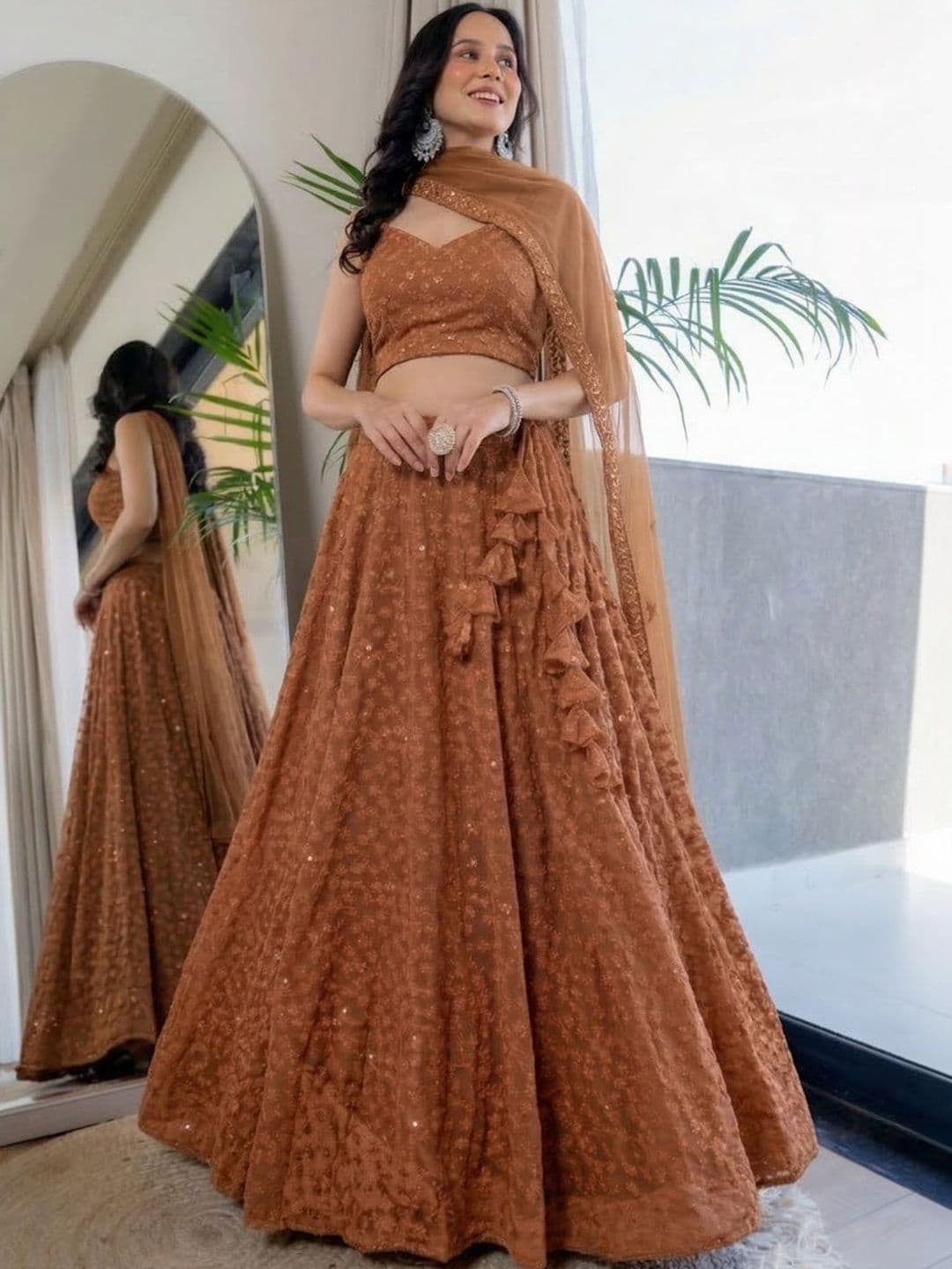 HOUSE OF JAMOTI Brown Embroidered Thread Work Ready to Wear Lehenga & Blouse With Dupatta - view 1