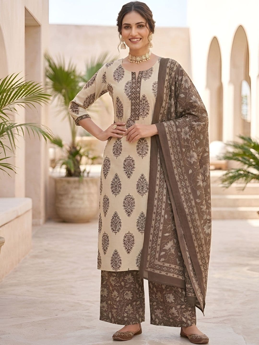 Nayo Women Ethnic Motifs Printed Regular Pure Cotton Kurta with Palazzos & With Dupatta - view 1