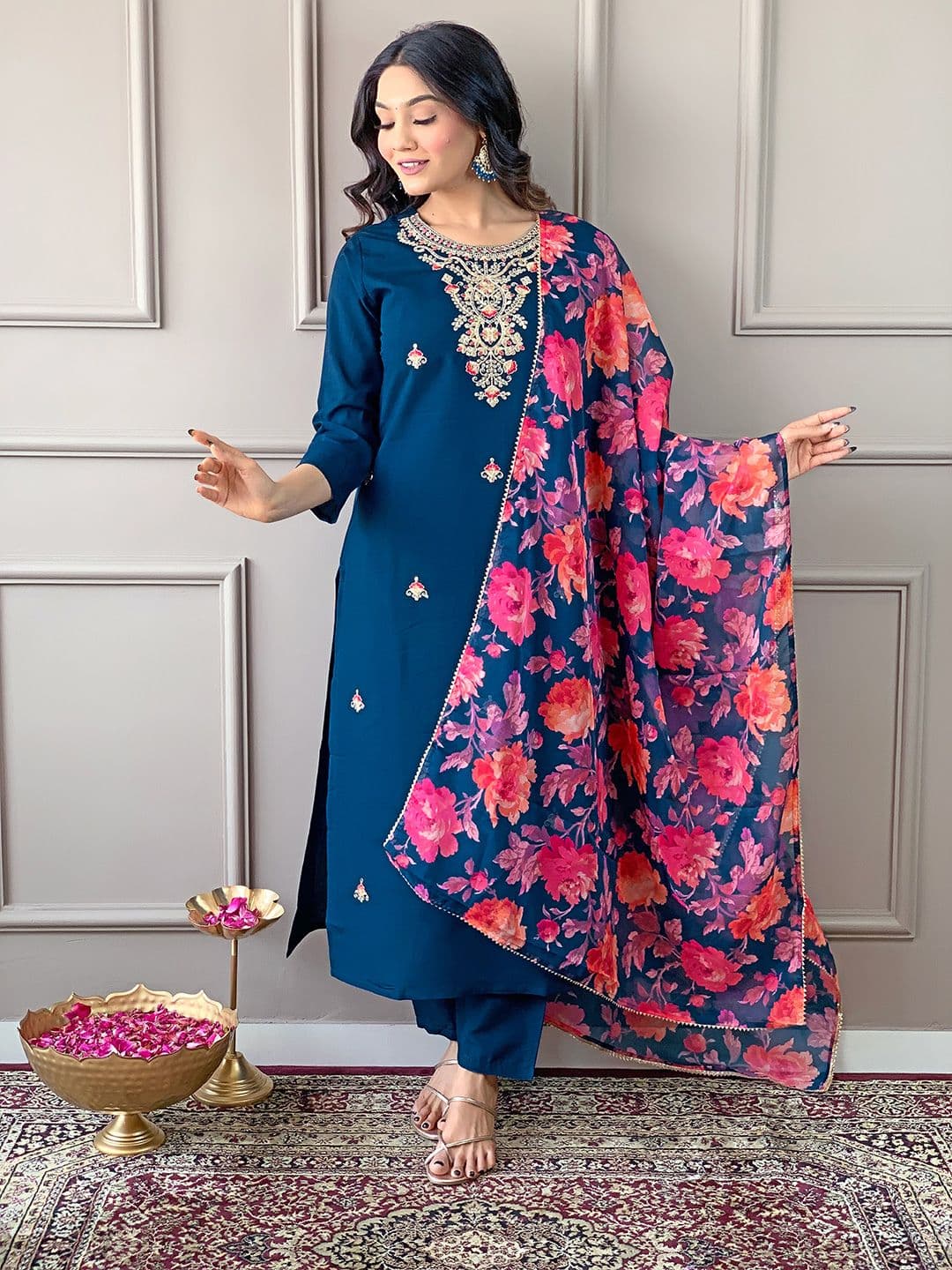 KALINI Floral Embroidered Regular Thread Work Straight Kurta With Trousers & Dupatta - view 1