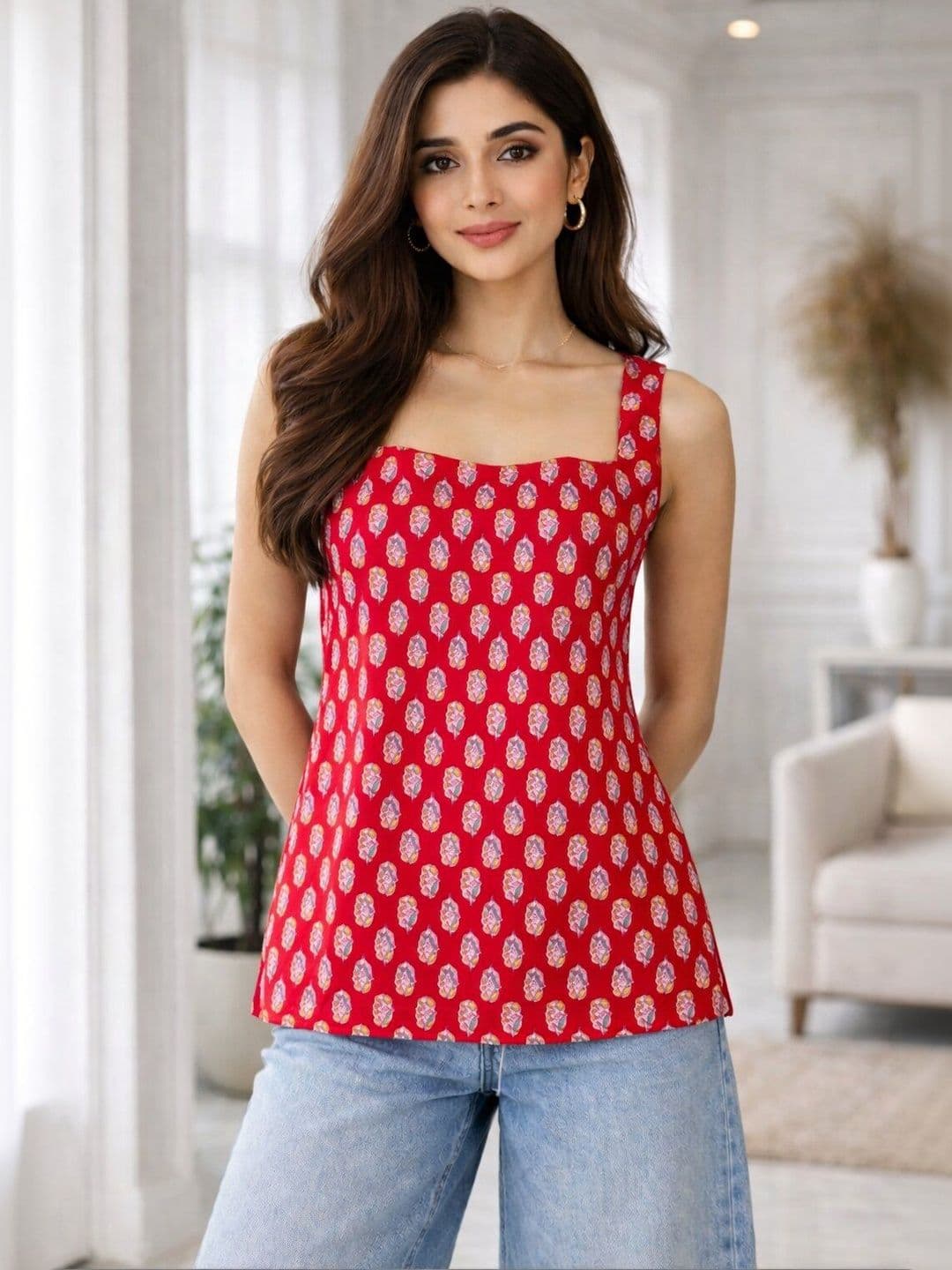 Anouk Rustic Printed Square Neck Thread Work Pure Cotton Thread Work Kurti - view 1