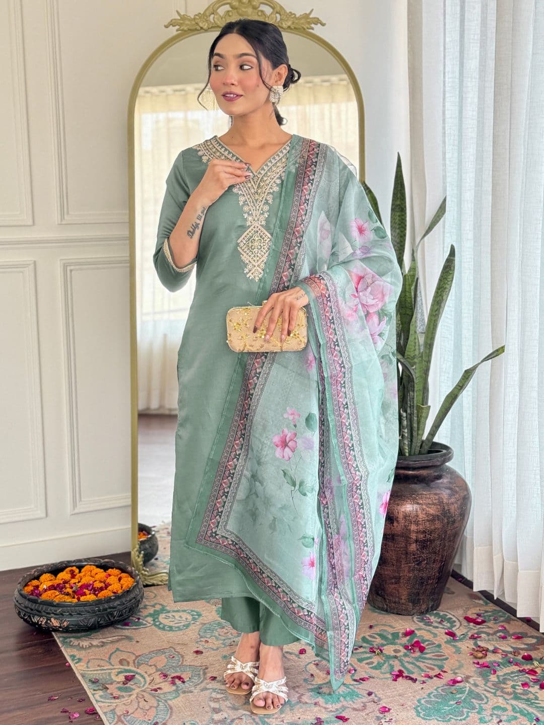 KALINI Women Embroidered Regular Kurta with Trousers & With Dupatta - view 1